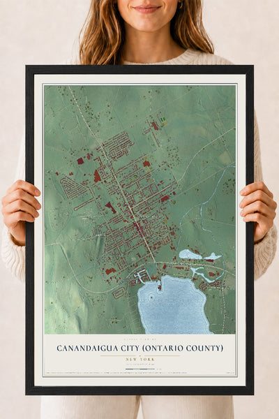 Canandaigua City (Ontario County), New York map print, 18" x 24" W/ Black Ayous Wood Frame mockup