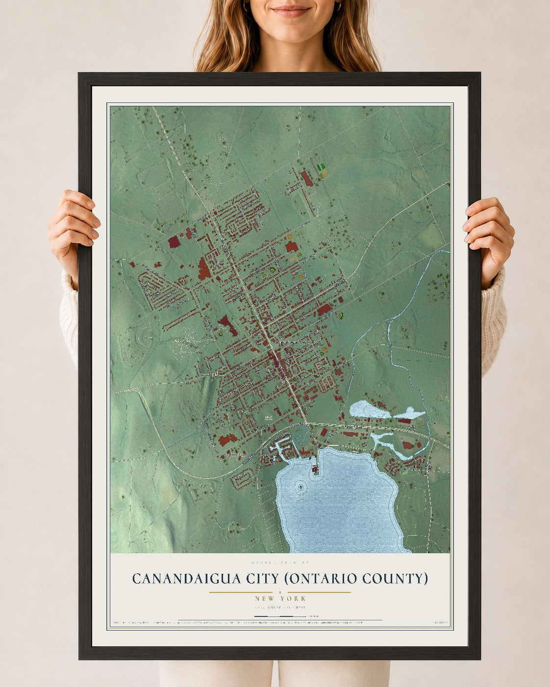Canandaigua City (Ontario County), New York map print, 24" x 36" W/ Black Ayous Wood Frame mockup