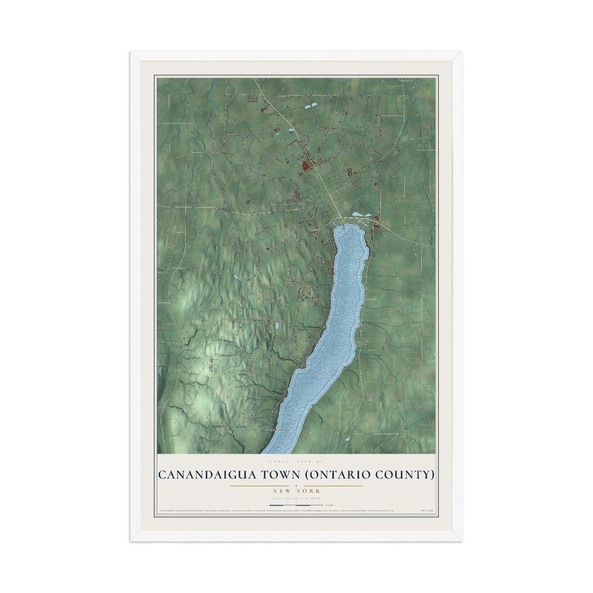 Canandaigua Town (Ontario County), New York map print, 12" x 18" W/ White Ayous Wood Frame mockup