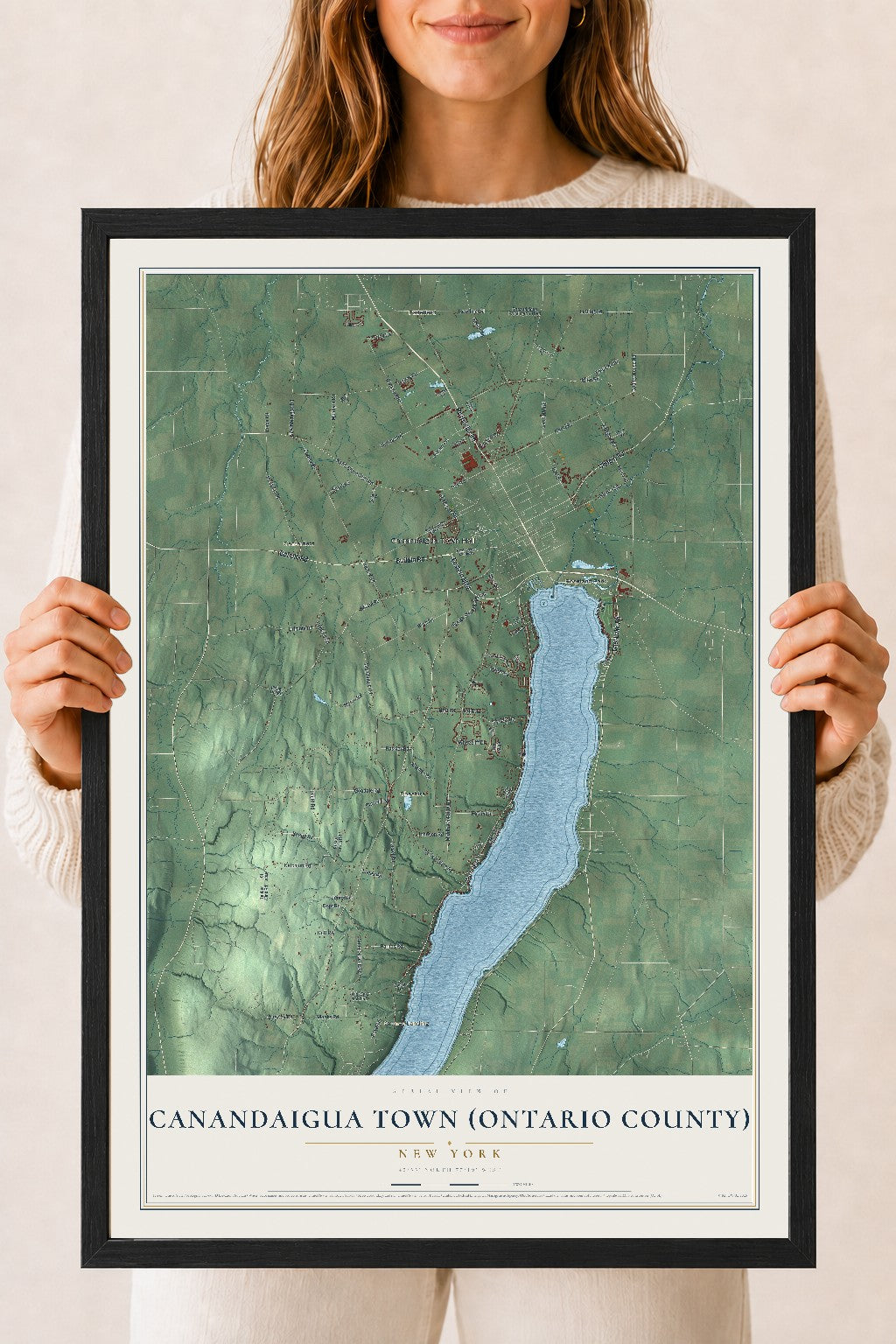 Canandaigua Town (Ontario County), New York map print, 18" x 24" W/ Black Ayous Wood Frame mockup