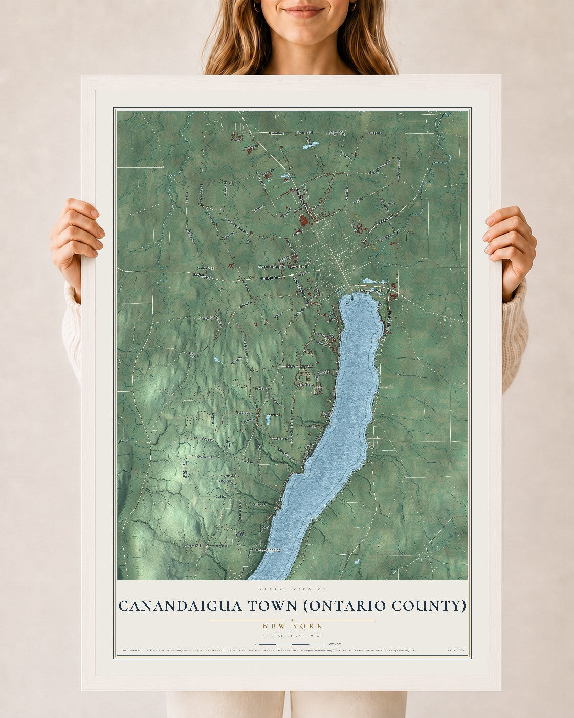 Canandaigua Town (Ontario County), New York map print, 24" x 36" W/ White Ayous Wood Frame mockup