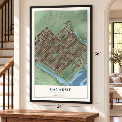 Canarsie, New York map, 24 x 36 inch print in a black frame by a staircase