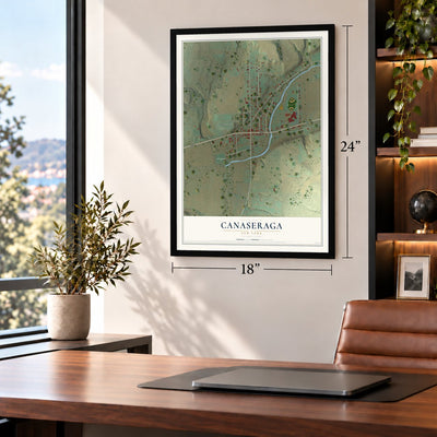 Canaseraga, New York map, 18 x 24 inch print in a black frame in a home office