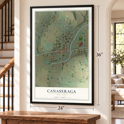 Canaseraga, New York map, 24 x 36 inch print in a black frame by a staircase