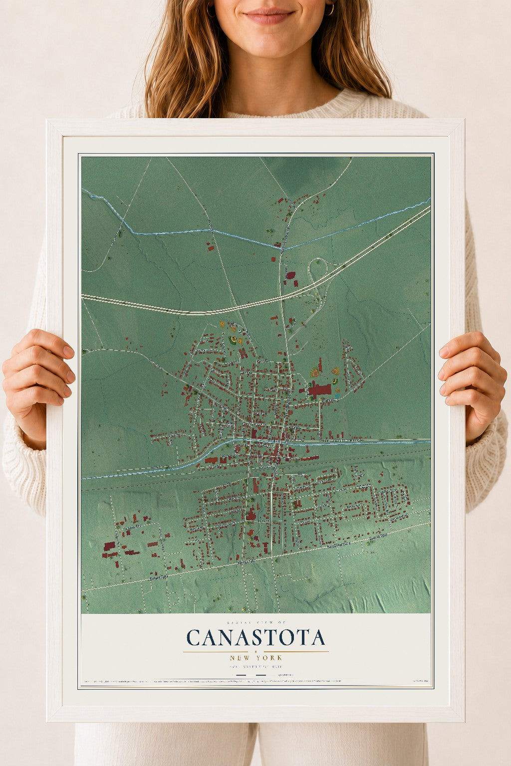 Canastota, New York map print, 18" x 24" W/ White Ayous Wood Frame mockup
