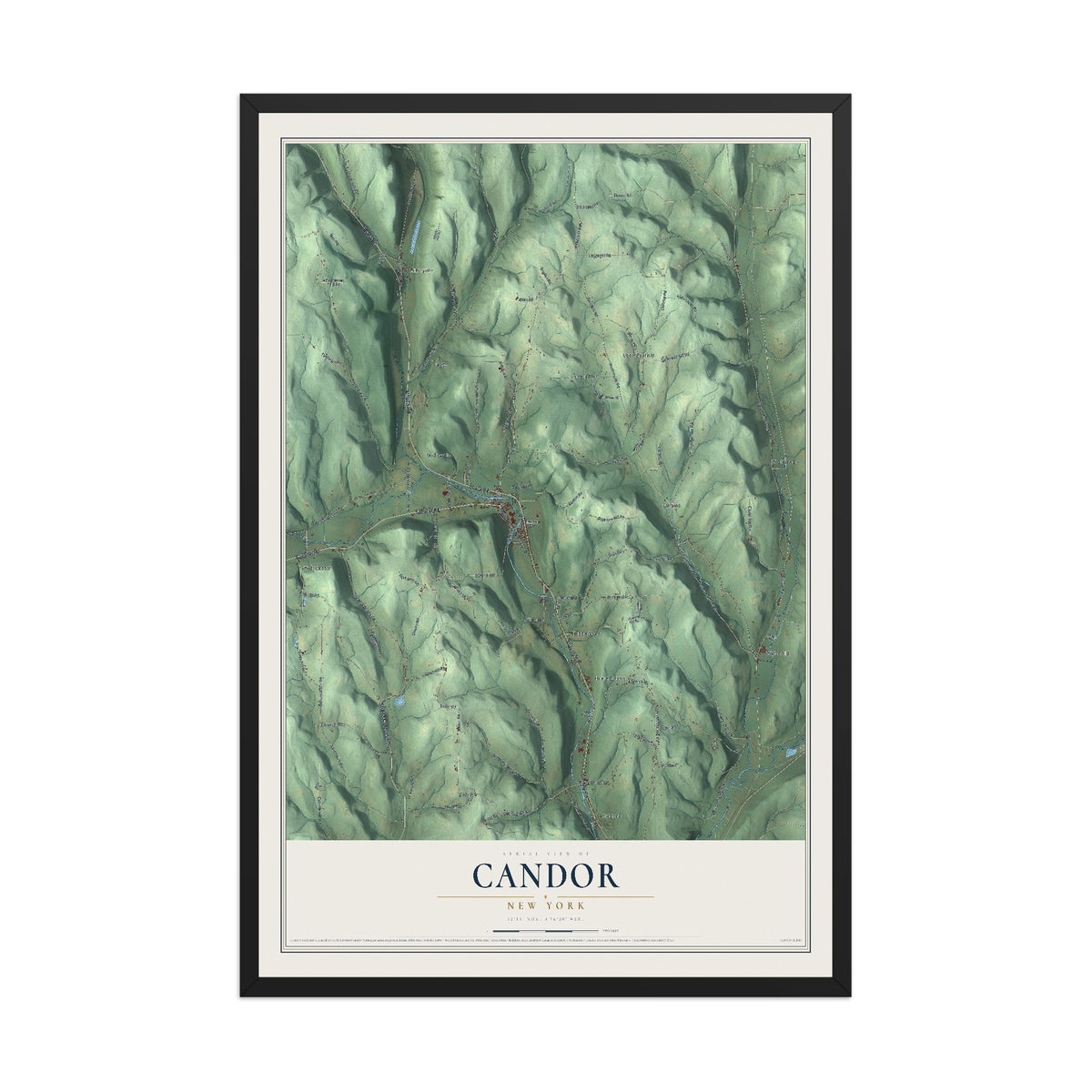 Candor, New York map print, 12" x 18" W/ Black Ayous Wood Frame mockup