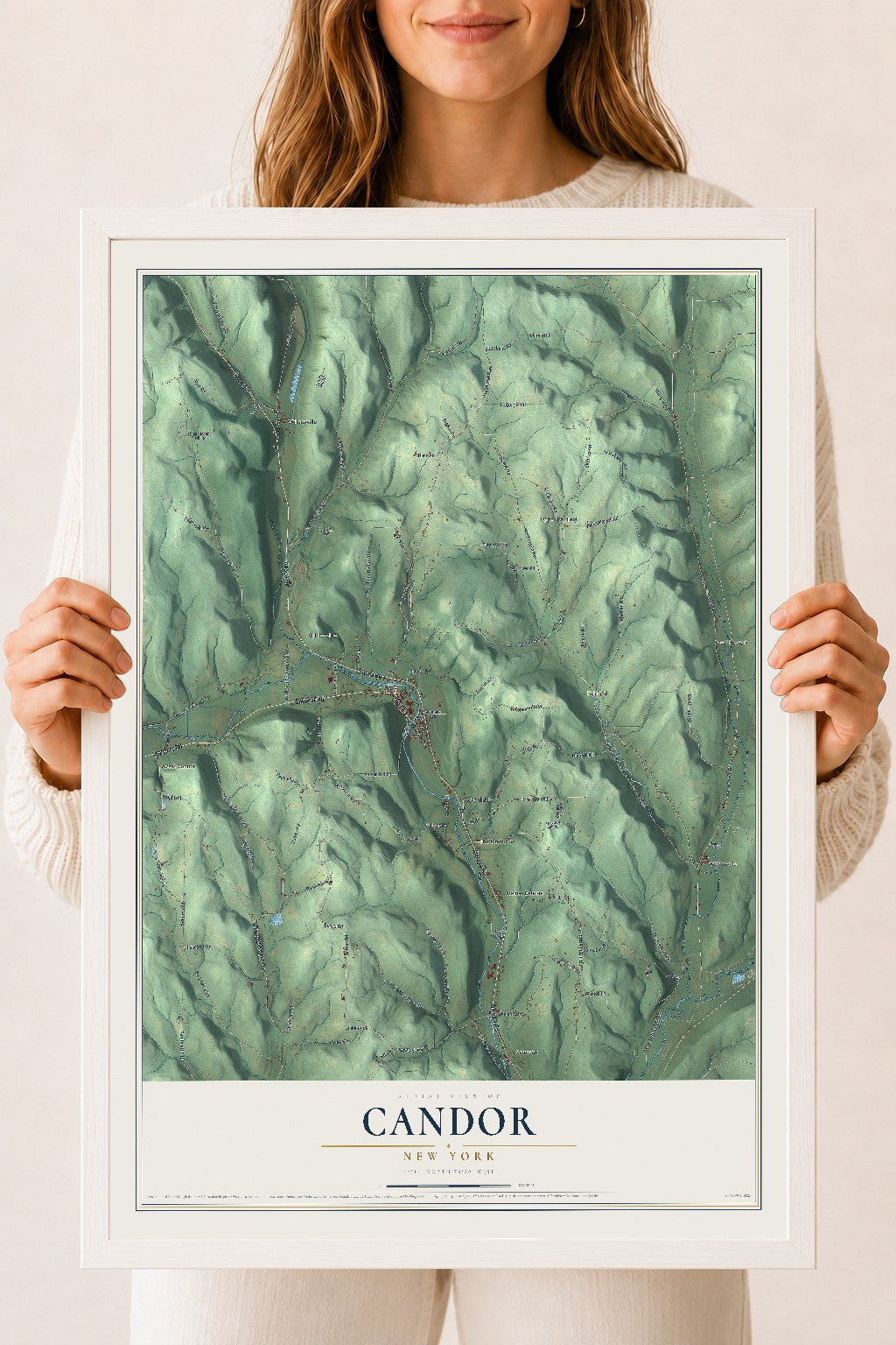 Candor, New York map print, 18" x 24" W/ White Ayous Wood Frame mockup