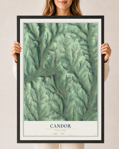 Candor, New York map print, 24" x 36" W/ Black Ayous Wood Frame mockup