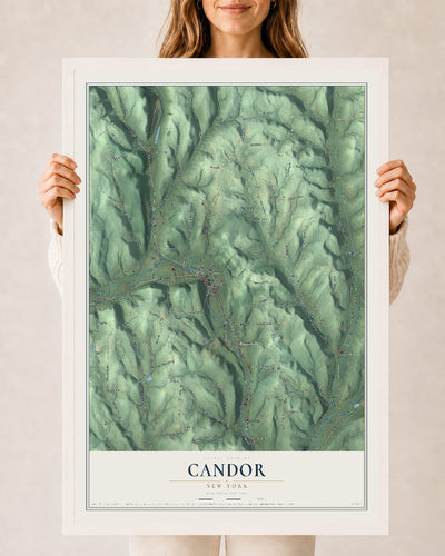 Candor, New York map print, 24" x 36" W/ White Ayous Wood Frame mockup