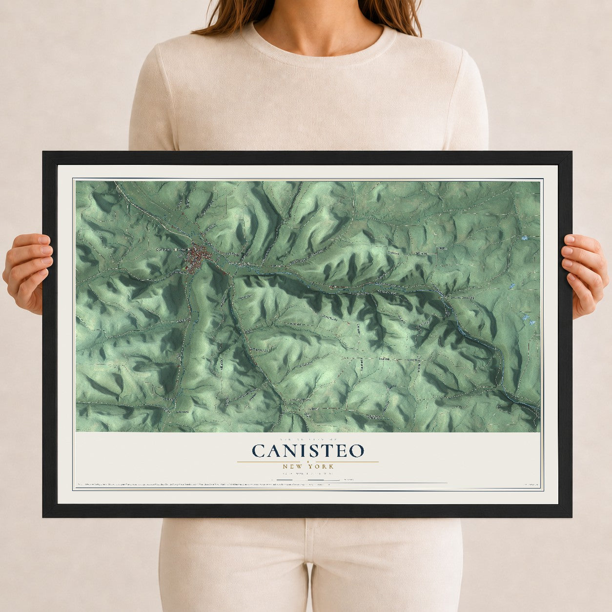 Canisteo, New York map print, 12" x 18" W/ Black Ayous Wood Frame mockup