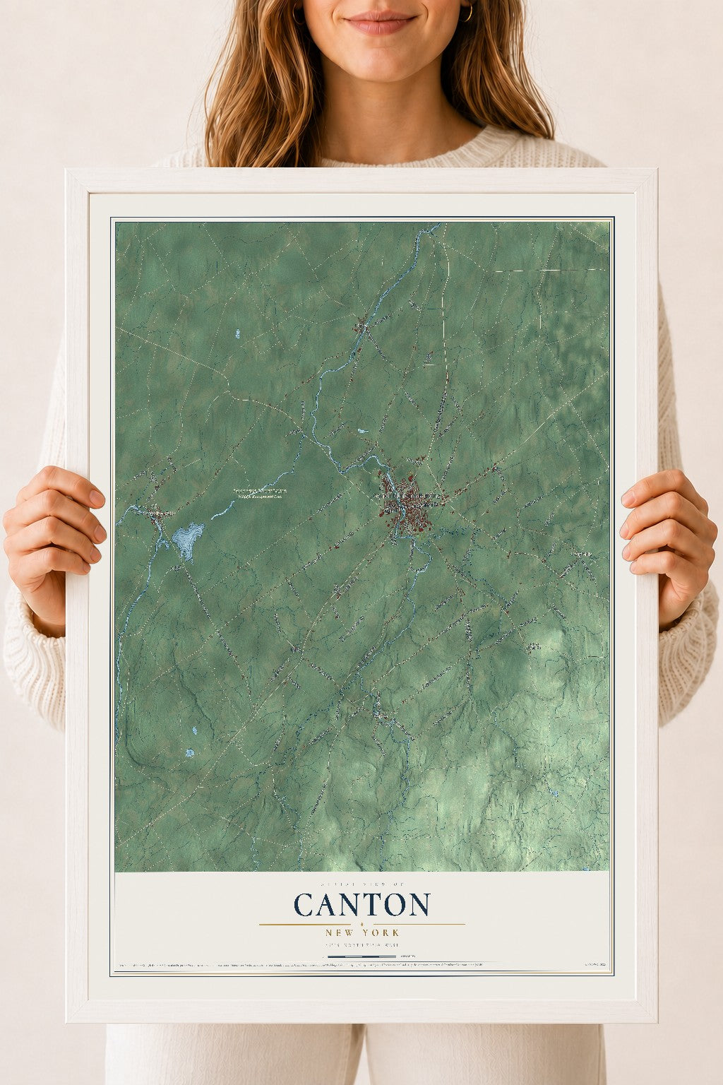 Canton, New York map print, 18" x 24" W/ White Ayous Wood Frame mockup