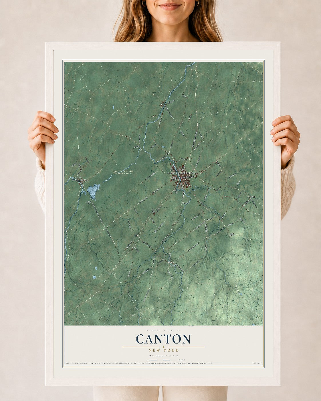 Canton, New York map print, 24" x 36" W/ White Ayous Wood Frame mockup