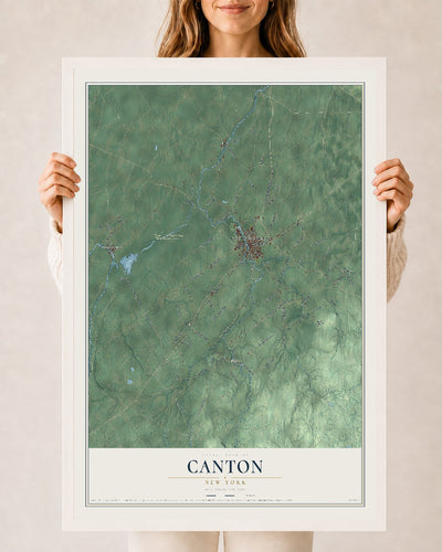 Canton, New York map print, 24" x 36" W/ White Ayous Wood Frame mockup