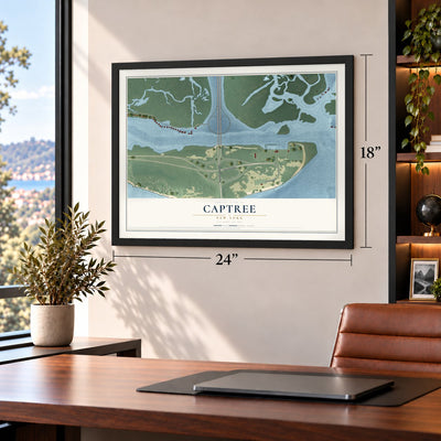 Captree, New York map, 18 x 24 inch print in a black frame in a home office