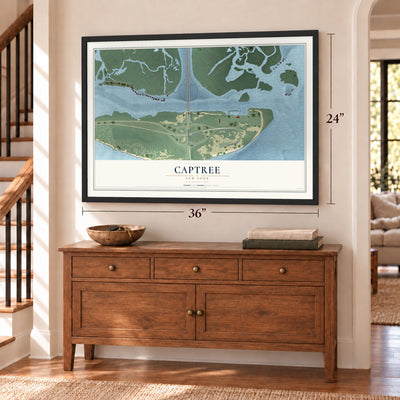 Captree, New York map, 24 x 36 inch print in a black frame above a dresser by a staircase