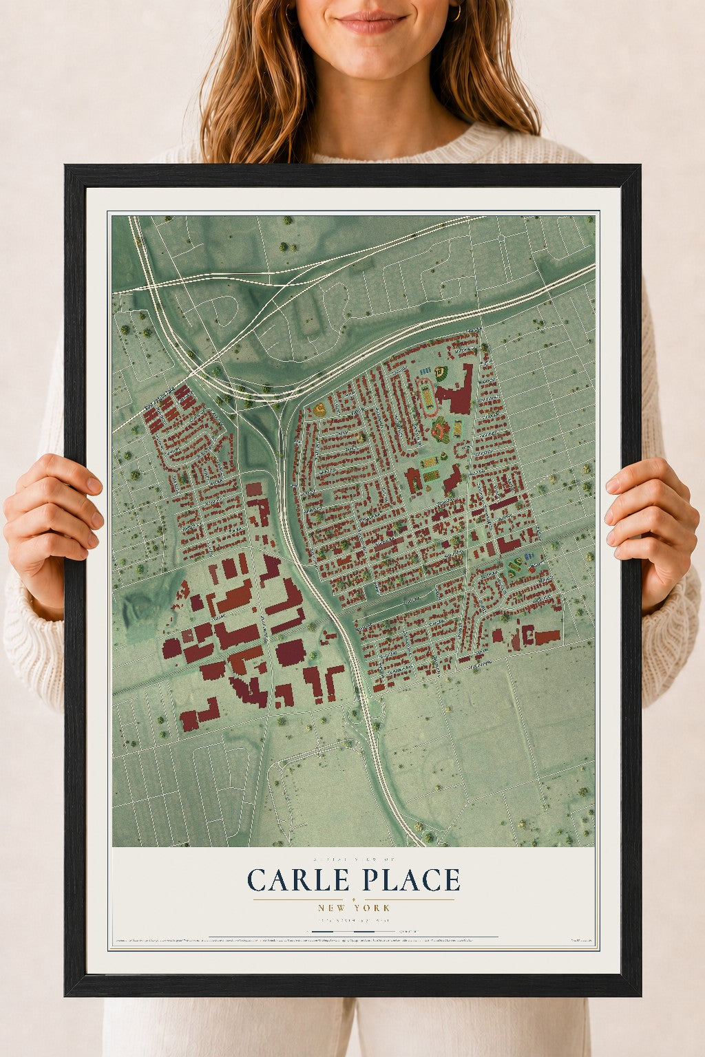 Carle Place, New York map print, 18" x 24" W/ Black Ayous Wood Frame mockup