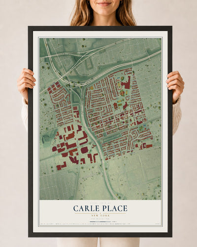 Carle Place, New York map print, 24" x 36" W/ Black Ayous Wood Frame mockup