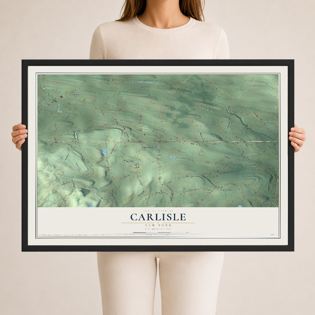 Carlisle, New York map print, 24" x 36" W/ Black Ayous Wood Frame mockup
