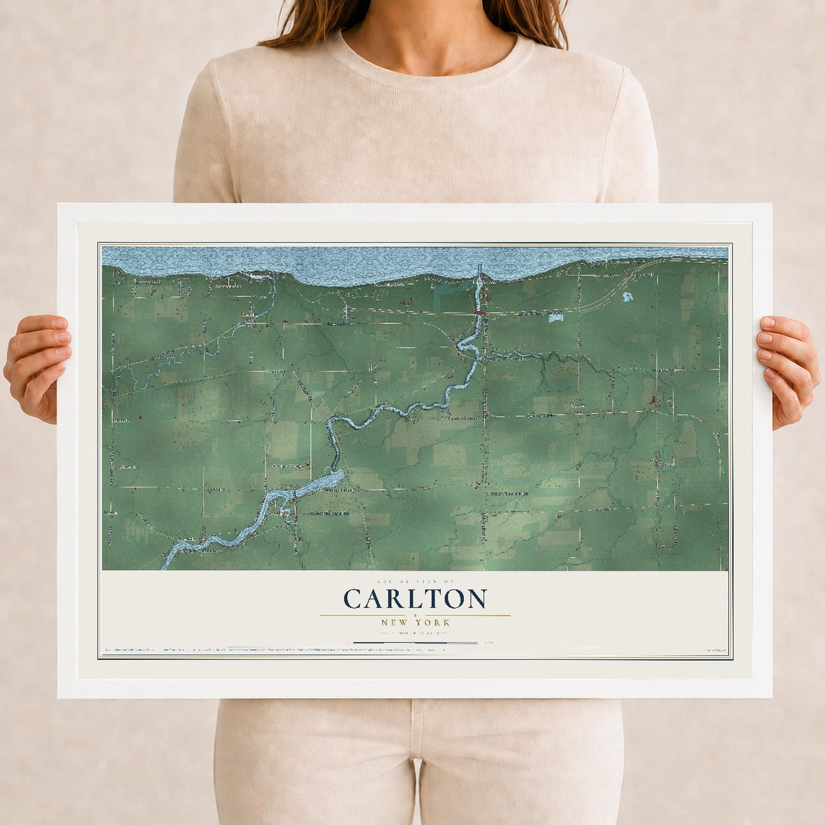 Carlton, New York map print, 12" x 18" W/ White Ayous Wood Frame mockup