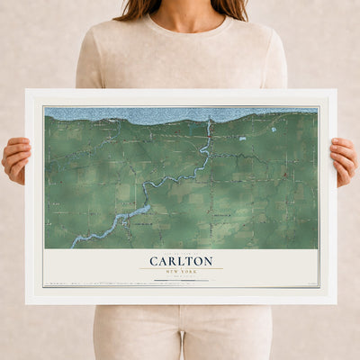 Carlton, New York map print, 12" x 18" W/ White Ayous Wood Frame mockup