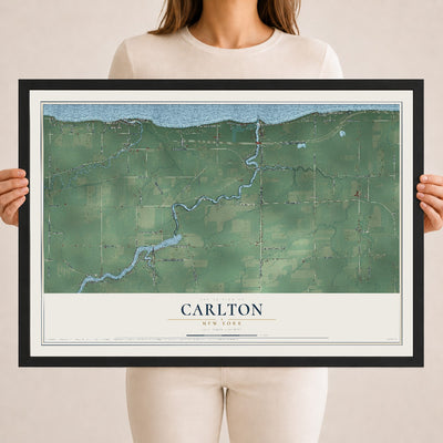 Carlton, New York map print, 18" x 24" W/ Black Ayous Wood Frame mockup