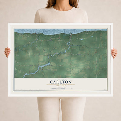 Carlton, New York map print, 24" x 36" W/ White Ayous Wood Frame mockup