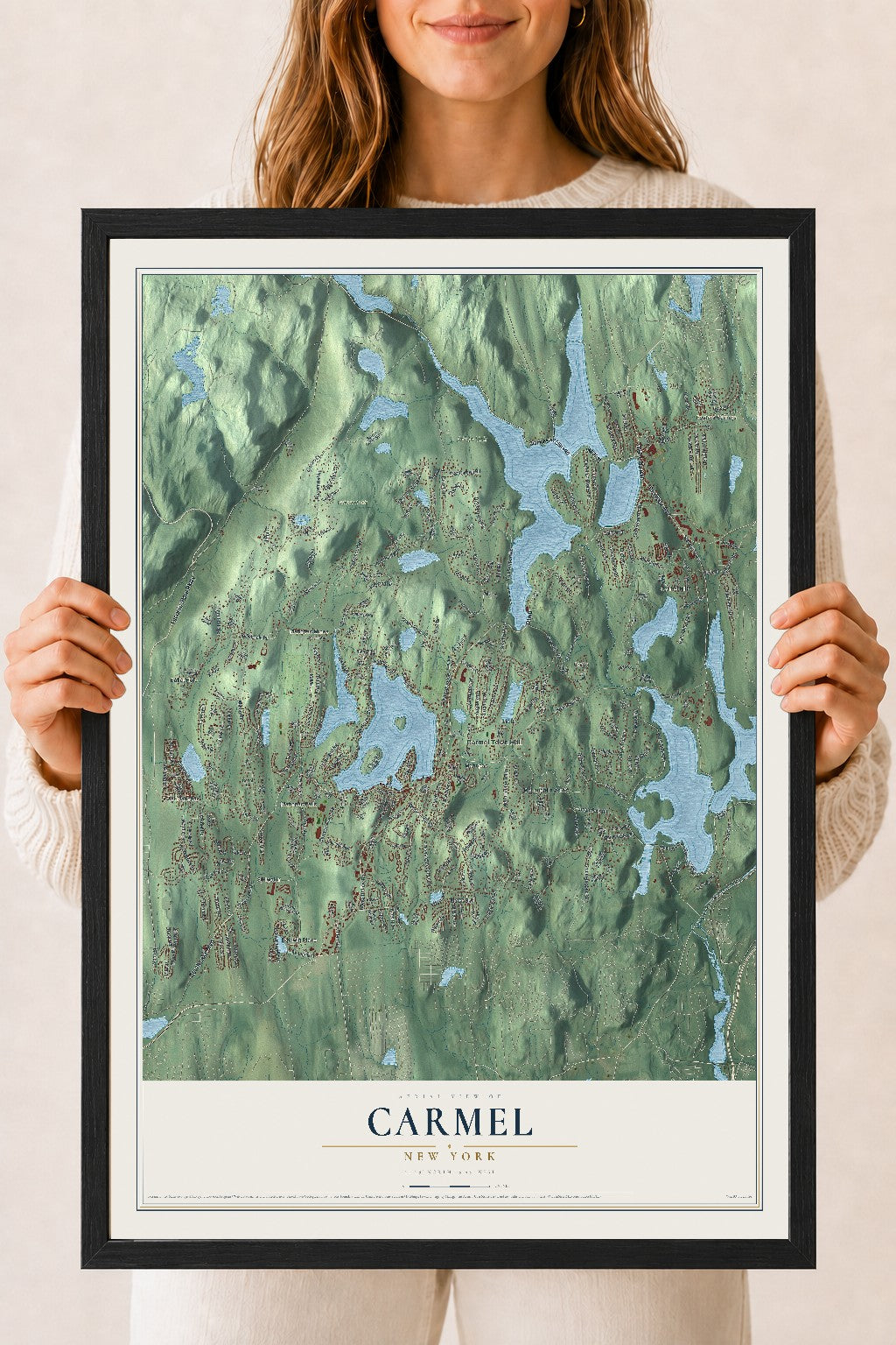 Carmel, New York map print, 18" x 24" W/ Black Ayous Wood Frame mockup
