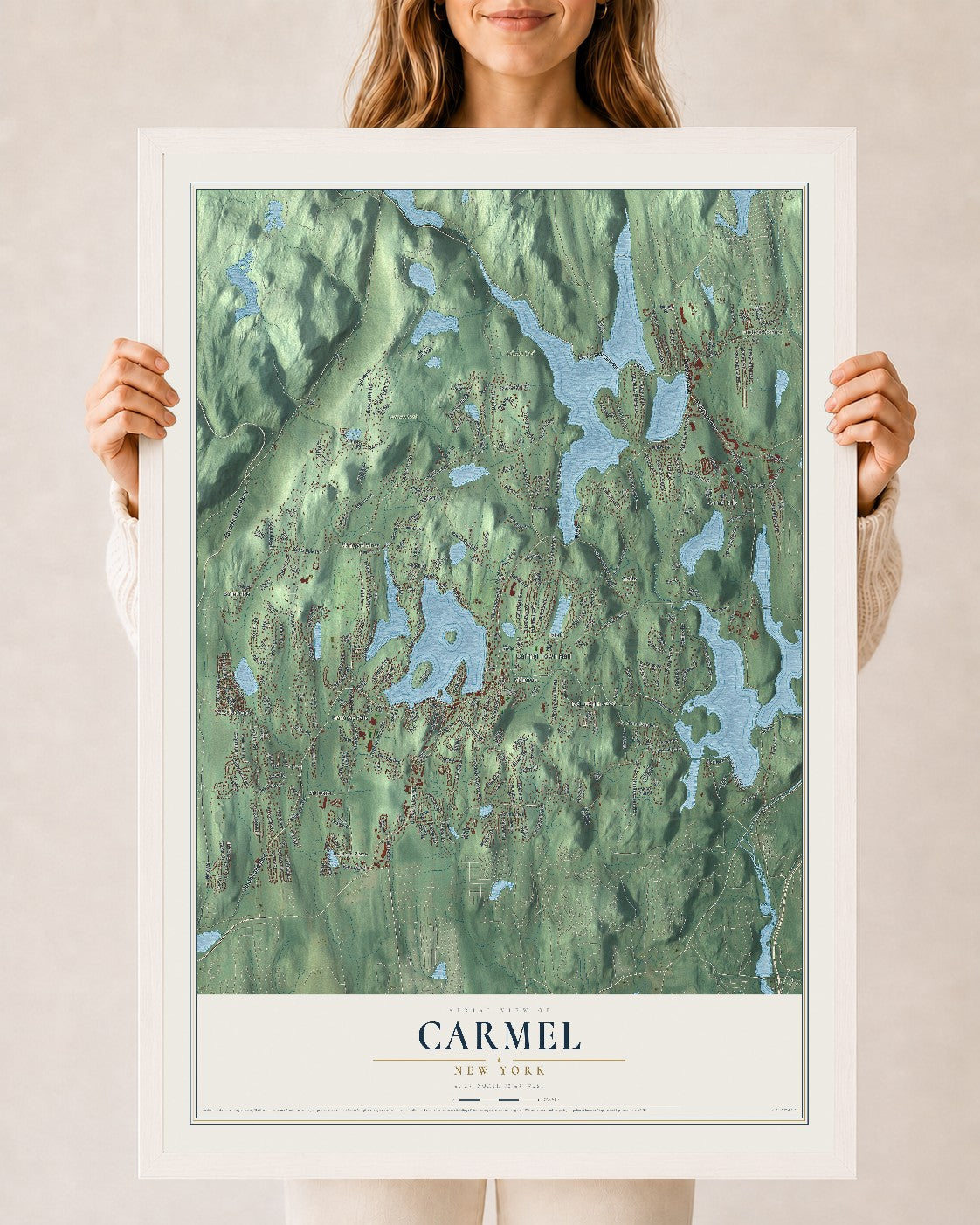Carmel, New York map print, 24" x 36" W/ White Ayous Wood Frame mockup