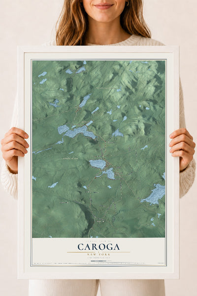 Caroga, New York map print, 18" x 24" W/ White Ayous Wood Frame mockup