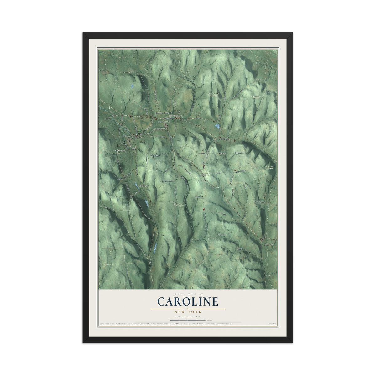 Caroline, New York map print, 12" x 18" W/ Black Ayous Wood Frame mockup