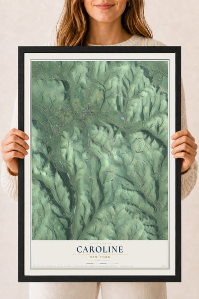 Caroline, New York map print, 18" x 24" W/ Black Ayous Wood Frame mockup