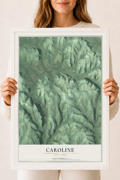 Caroline, New York map print, 18" x 24" W/ White Ayous Wood Frame mockup