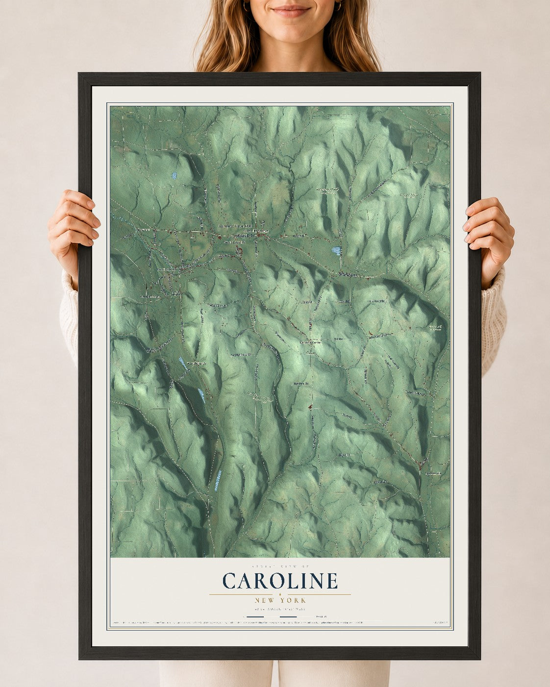 Caroline, New York map print, 24" x 36" W/ Black Ayous Wood Frame mockup