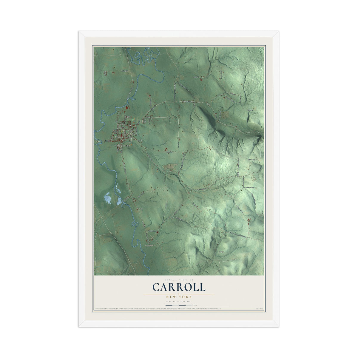 Carroll, New York map print, 12" x 18" W/ White Ayous Wood Frame mockup