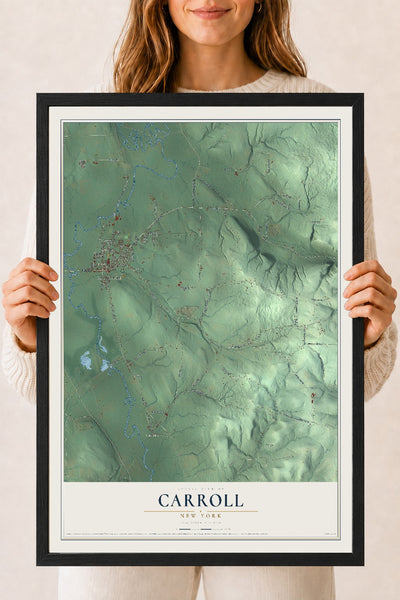 Carroll, New York map print, 18" x 24" W/ Black Ayous Wood Frame mockup