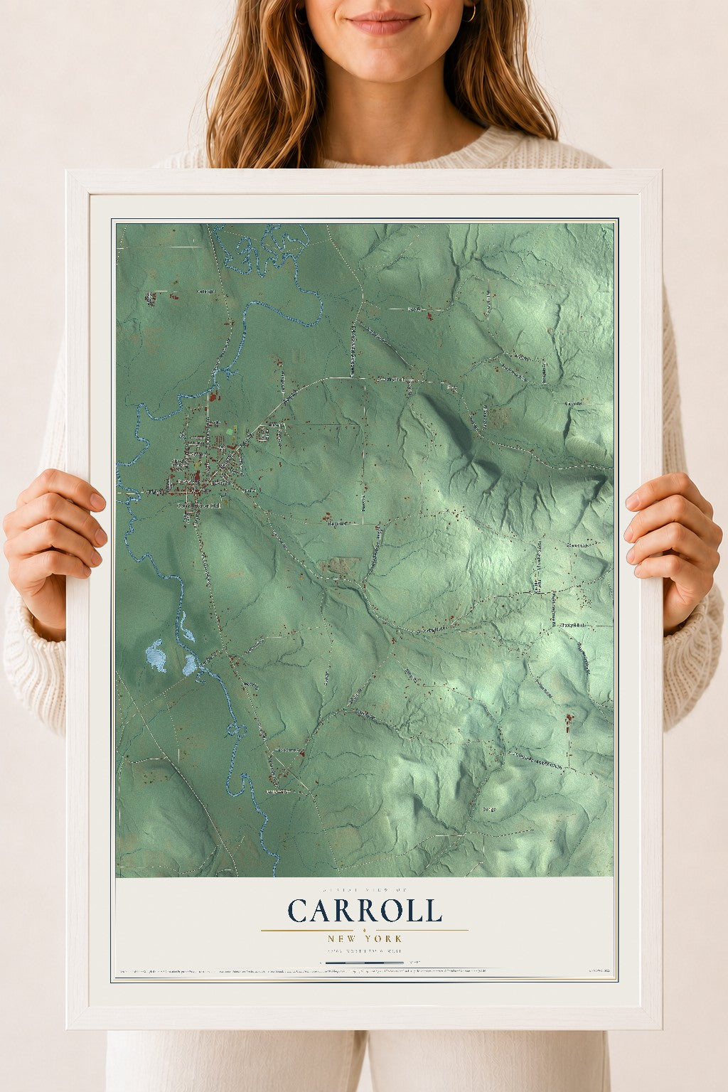 Carroll, New York map print, 18" x 24" W/ White Ayous Wood Frame mockup