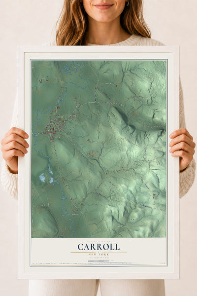 Carroll, New York map print, 18" x 24" W/ White Ayous Wood Frame mockup