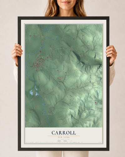 Carroll, New York map print, 24" x 36" W/ Black Ayous Wood Frame mockup