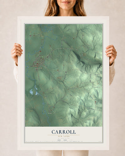Carroll, New York map print, 24" x 36" W/ White Ayous Wood Frame mockup