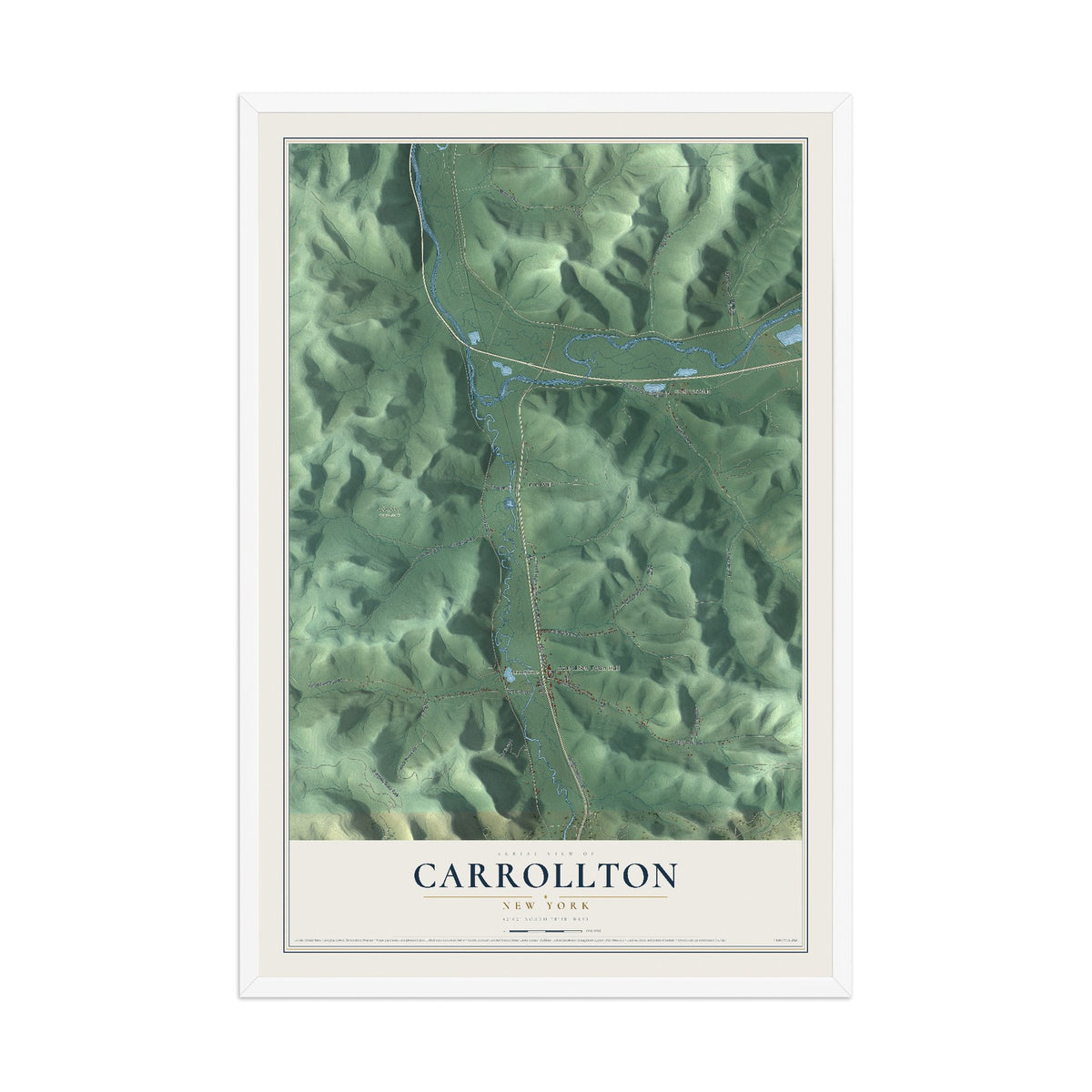 Carrollton, New York map print, 12" x 18" W/ White Ayous Wood Frame mockup