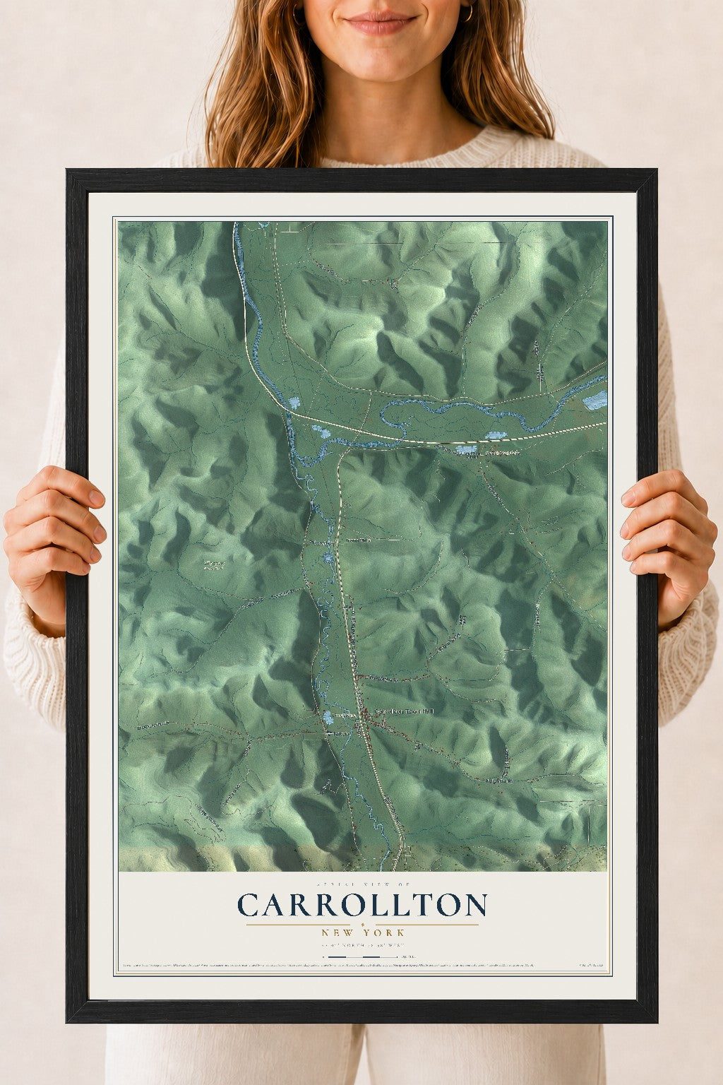 Carrollton, New York map print, 18" x 24" W/ Black Ayous Wood Frame mockup