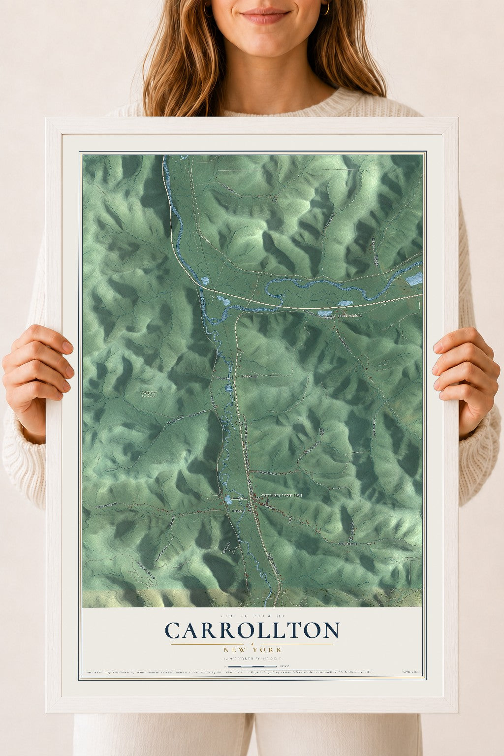 Carrollton, New York map print, 18" x 24" W/ White Ayous Wood Frame mockup