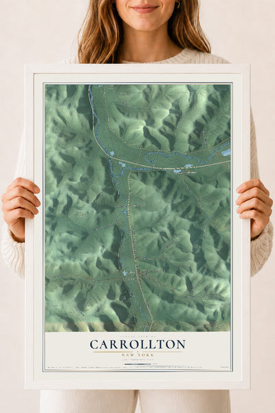 Carrollton, New York map print, 18" x 24" W/ White Ayous Wood Frame mockup