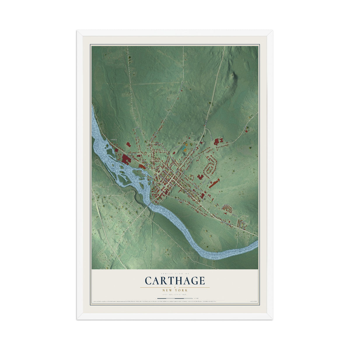 Carthage, New York map print, 12" x 18" W/ White Ayous Wood Frame mockup