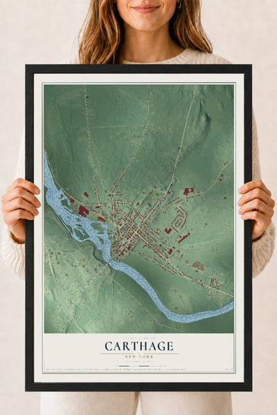 Carthage, New York map print, 18" x 24" W/ Black Ayous Wood Frame mockup