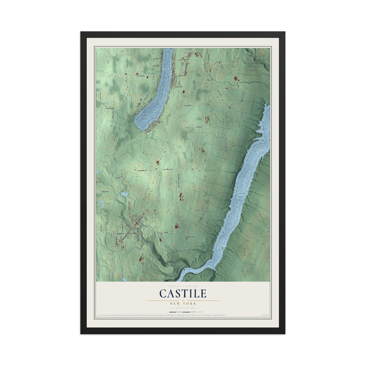 Castile, New York map print, 12" x 18" W/ Black Ayous Wood Frame mockup