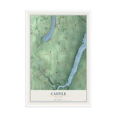 Castile, New York map print, 12" x 18" W/ White Ayous Wood Frame mockup