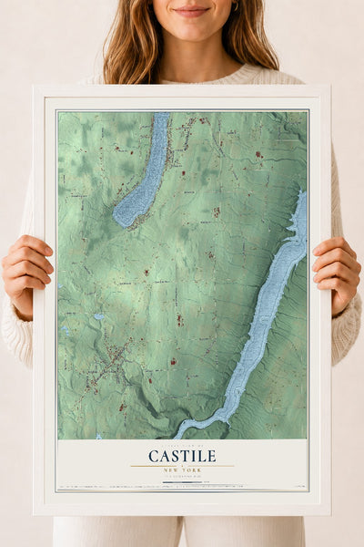 Castile, New York map print, 18" x 24" W/ White Ayous Wood Frame mockup