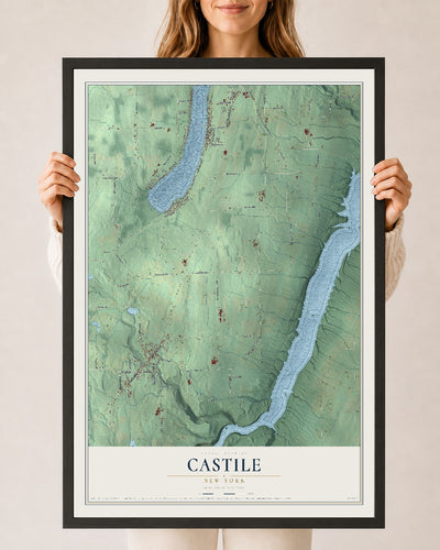Castile, New York map print, 24" x 36" W/ Black Ayous Wood Frame mockup