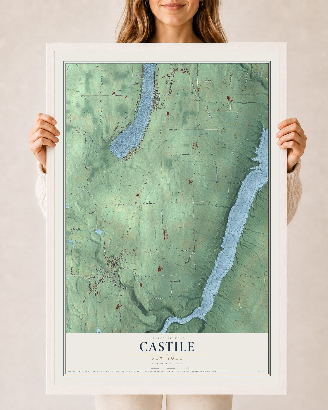 Castile, New York map print, 24" x 36" W/ White Ayous Wood Frame mockup